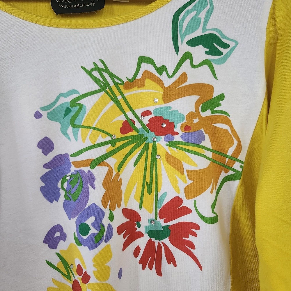 Bob Mackie Wearable Art Womens 1X Yellow Floral Rhinestone Accent Top Shirt - Picture 2 of 4